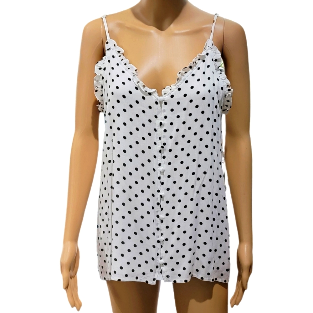 Artistic Works By Lu White Button Up Tank Top with Black Polka Dots Small